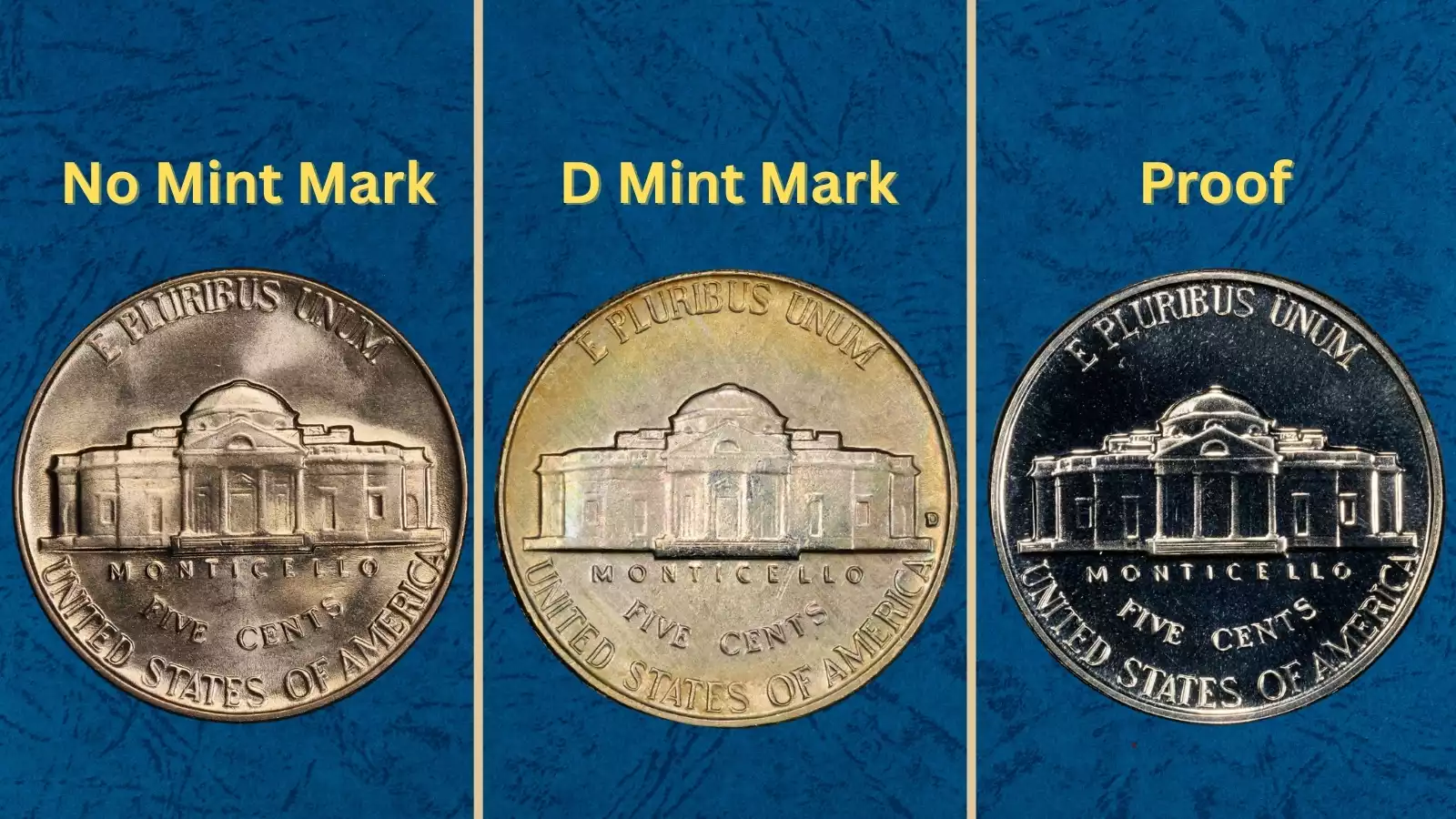 Grading strip showing four 1962 Jefferson nickels from left to right in Worn, Circulated, About Uncirculated, and Uncirculated Mint State condition for comparison