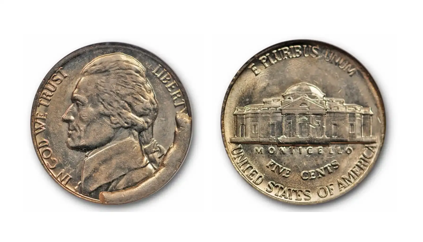 Side-by-side comparison of 1962 nickel standard steps versus Full Steps designation showing distinct separated horizontal lines at base of Monticello