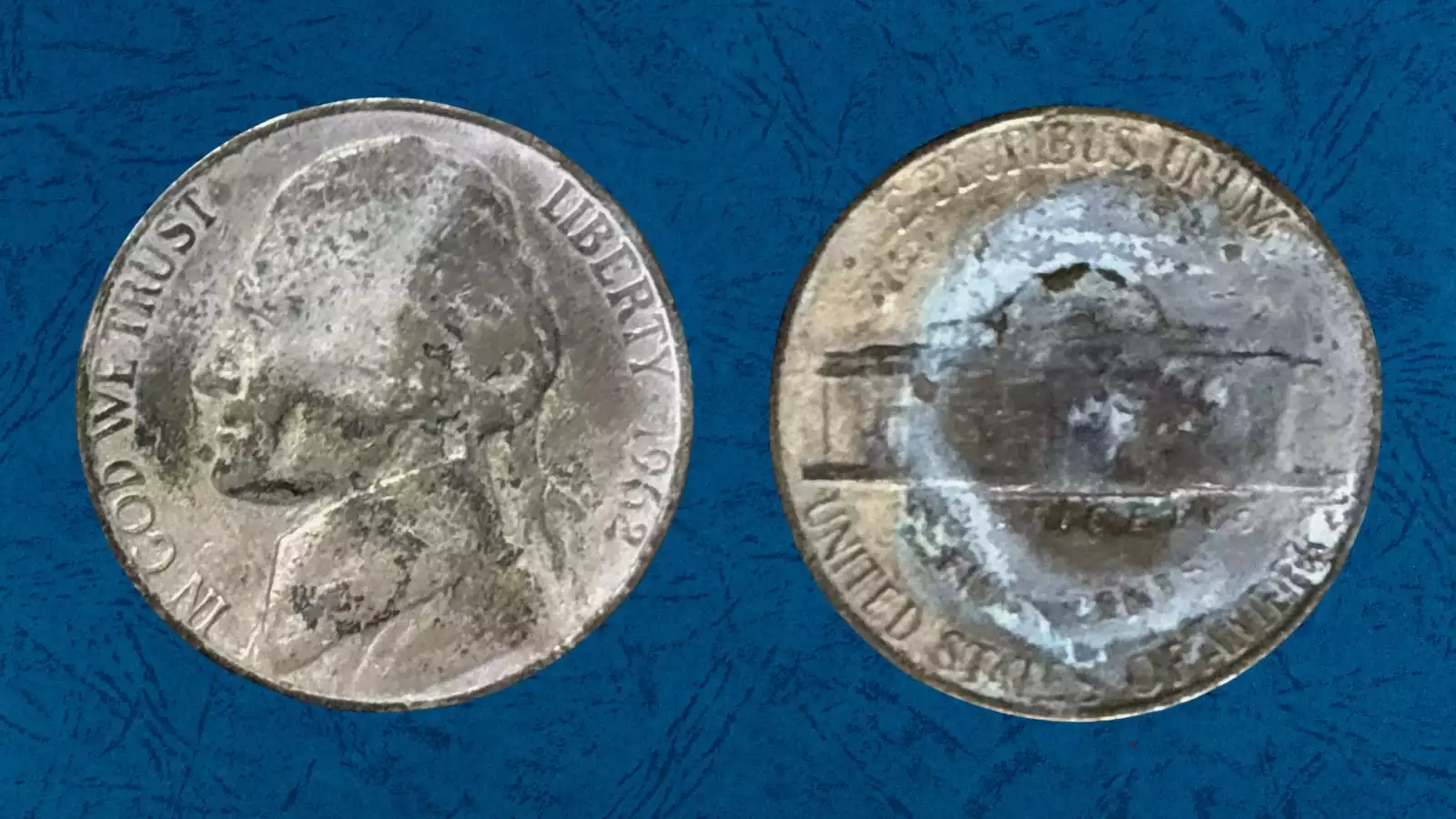 1962 Jefferson nickel struck on wrong planchet showing smaller diameter and copper-colored cent planchet with nickel design overstruck