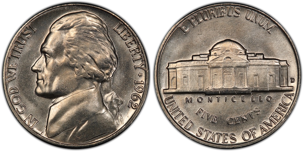 Close-up of 1962 Jefferson nickel obverse Doubled Die error showing doubling on IN GOD WE TRUST lettering and LIBERTY inscription