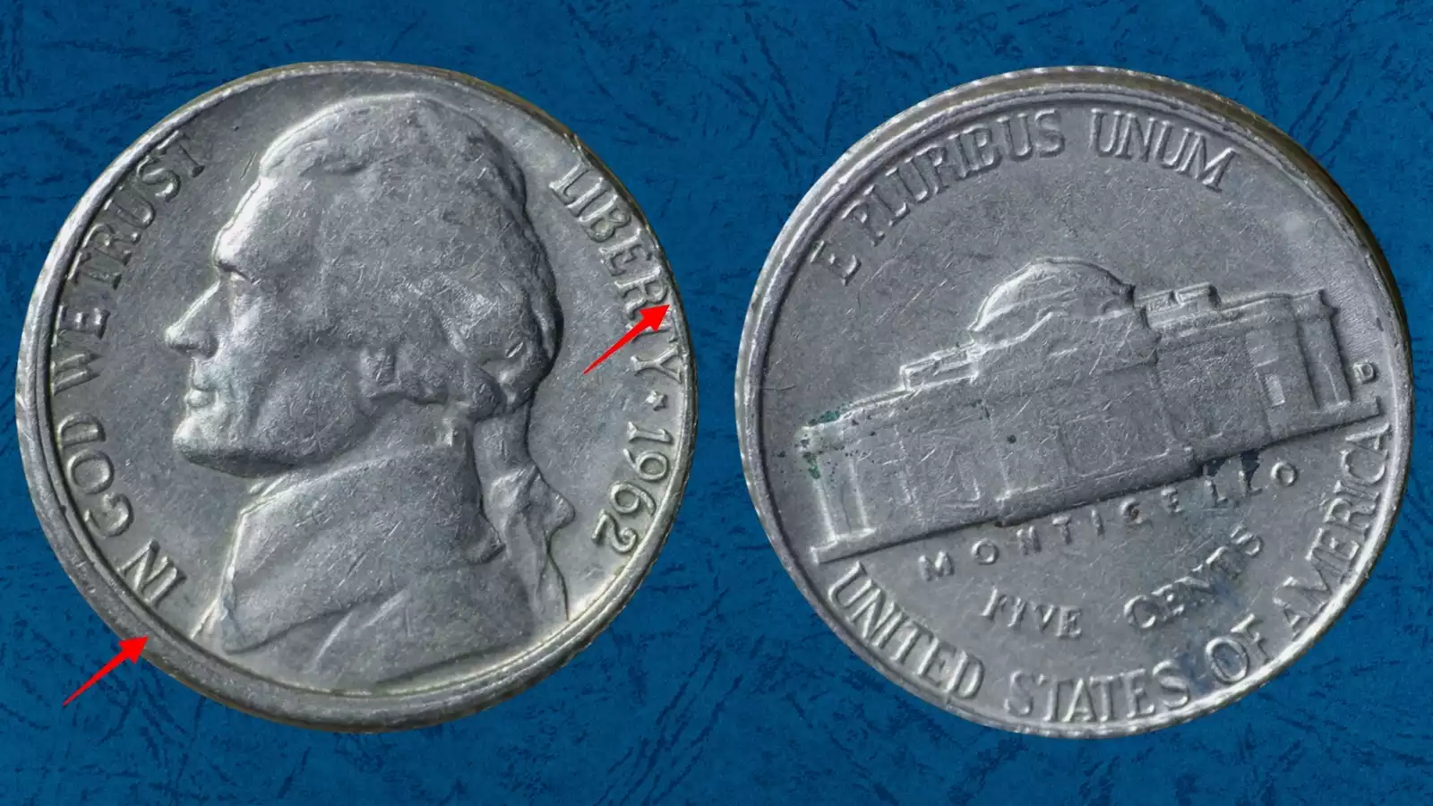 1962 Jefferson nickel off-center strike error showing crescent of unstruck blank planchet with Jefferson portrait and date visible on the struck portion