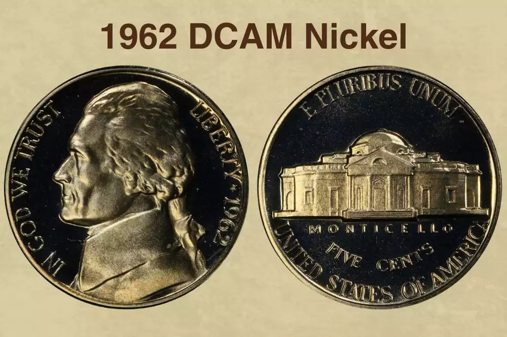 1962 proof Jefferson nickel Deep Cameo showing dramatic contrast between frosty white raised Jefferson portrait and Monticello against deeply mirrored field surfaces