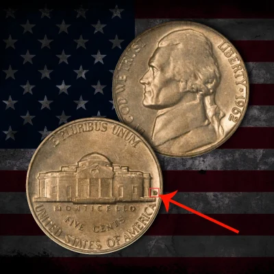 Group photograph of 1962 Jefferson nickels including Philadelphia no-mint-mark business strike, Denver D mint mark, and Philadelphia proof examples showing different finishes